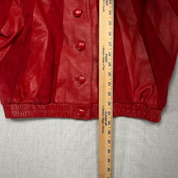Vintage 80s Red Leather Suede Panel Jacket Batwing Button Front Bomber Size 36 - Picture 12 of 14